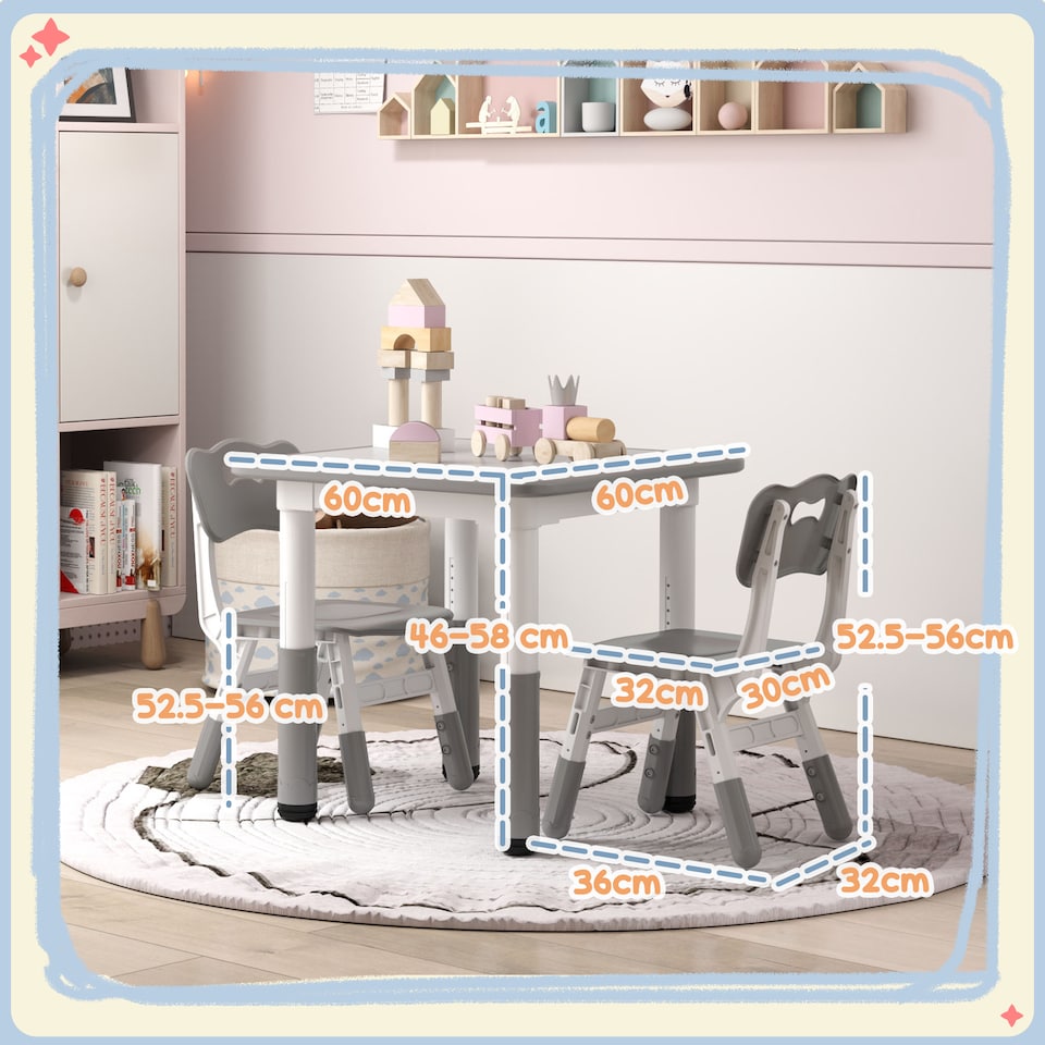 image 1 of AIYAPLAY 3 Pcs Height Adjustable Kids Table and Chair Set for Playroom - Grey