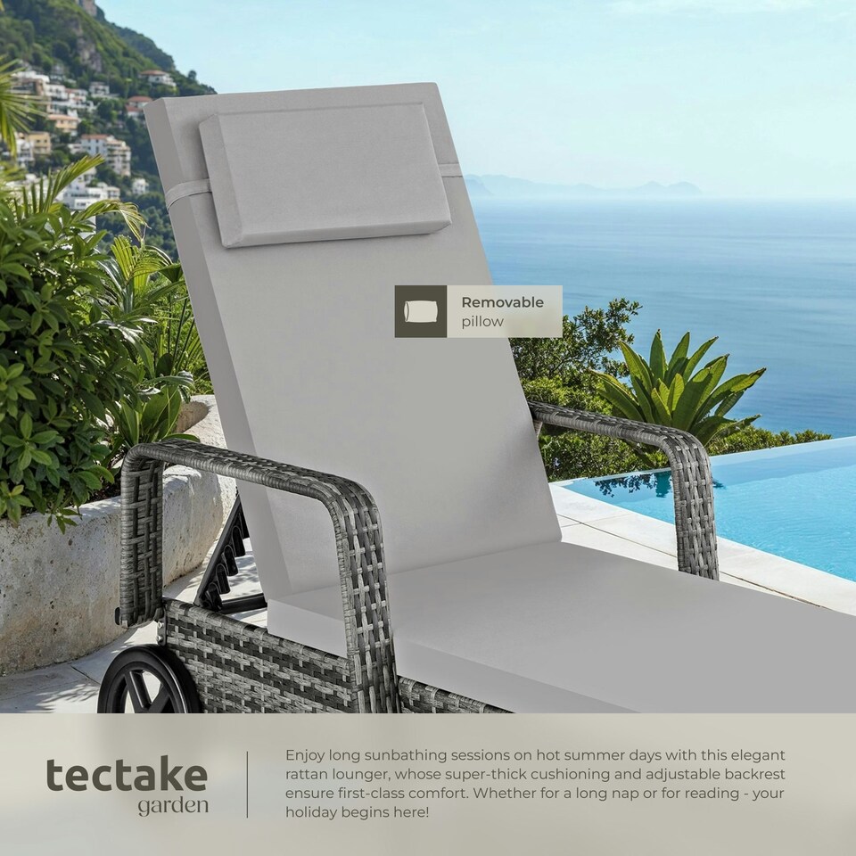image 1 of Sun Lounger - 6-position backrest, weather & UV-resistant, soft pillow, two wheels Grey | Light Grey