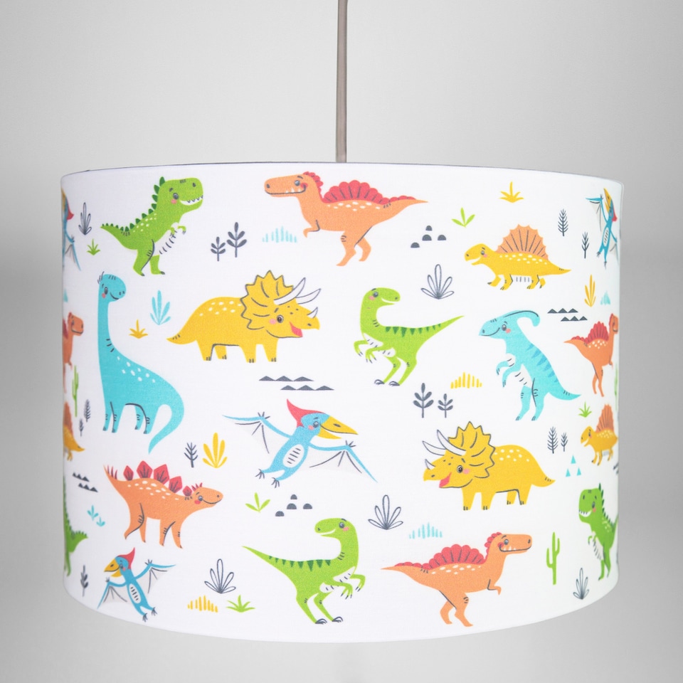 image 1 of Modern and Colourful Dinosaurs Childrens Cotton Fabric Lamp Shade - 25cm | Multi | 10"