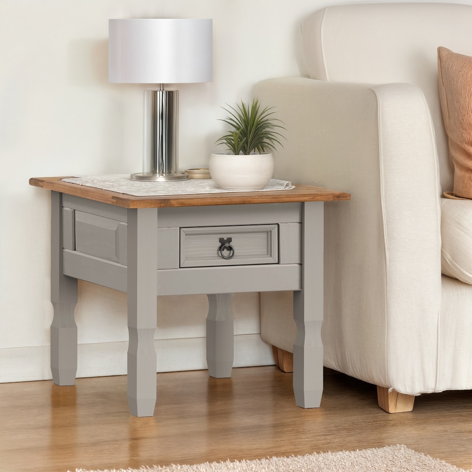 image 1 of Mercers Furniture Corona Grey Wax 1 Drawer Lamp Table Small Coffee Side Unit Solid Wood Pine Wooden Living Room with Mexican Styling