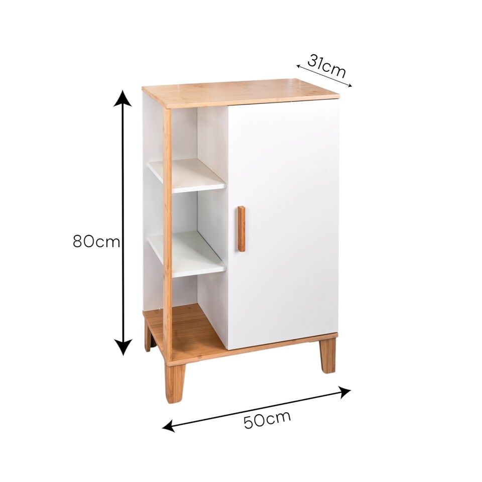 image 1 of Showerdrape Varallo Matt White & Bamboo Floor Bathroom Cabinet with Display Shelves | White | 1