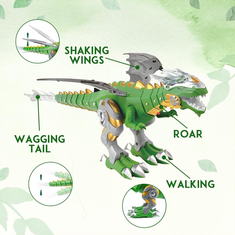 image 1 of Alivio Fire-Breathing Dinosaur Toy with Lights & Sounds (Green & White, Pack of 2)