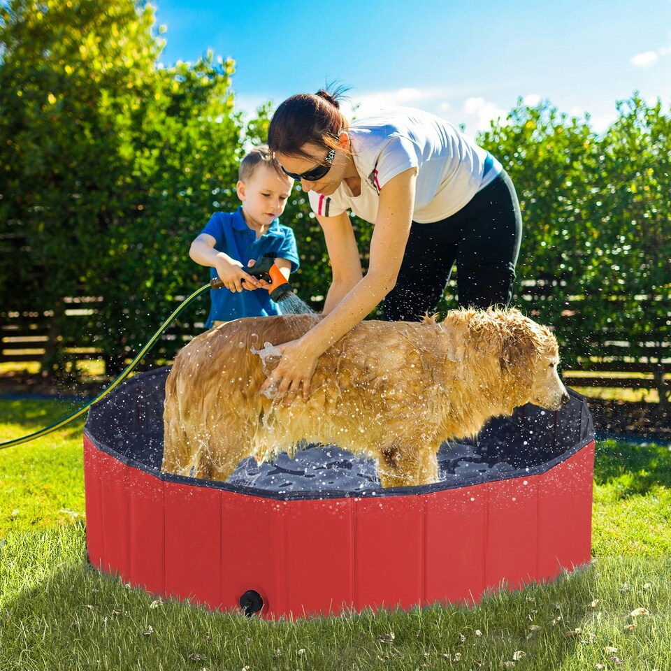 image 1 of PawHut Pet Paddling Pool Cat Dog Indoor/ Outdoor Foldable 120cm Diameter Red