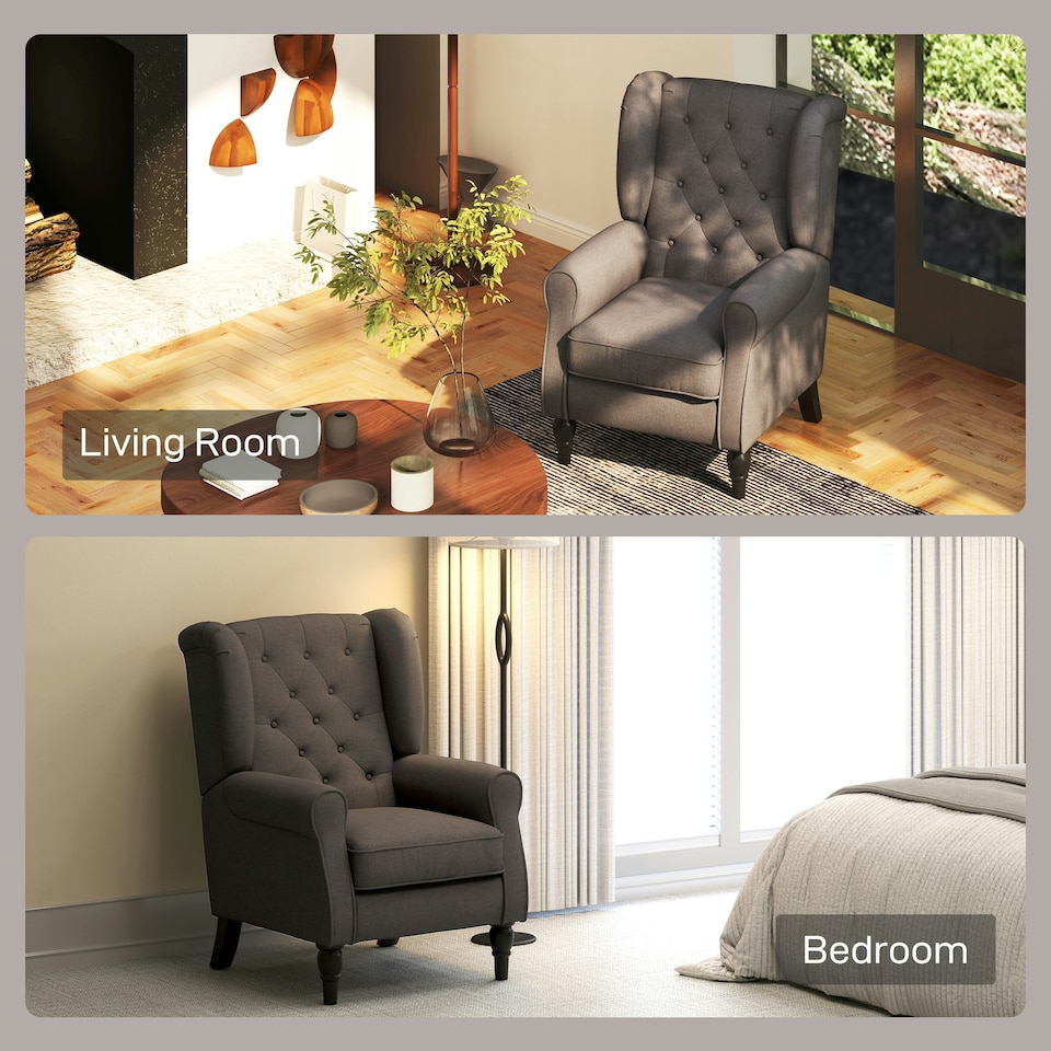image 1 of HOMCOM Accent Chair Wingback Armchair Retro Tufted Club Wood Fabric, Brown