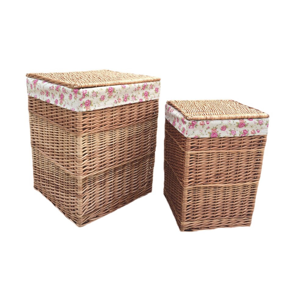 image 1 of Garden Rose Lining Set of 2 Light Steamed Square Laundry Wicker Basket | Multi | Garden Rose
