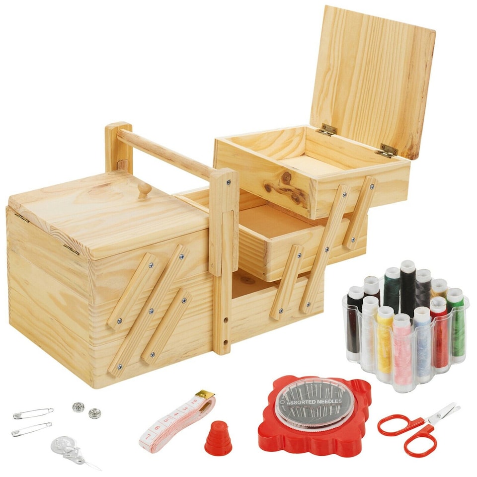 image 1 of 39-PC Sewing Kit with Wooden Sewing Box