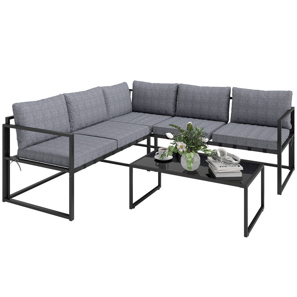 image 1 of Outsunny 3 Piece L Shaped Garden Furniture Set with Cushions, Garden Corner Sofa Set with 3-Seater Sofa, Loveseat and Tempered Glass Top Table for Outdoor, Grey