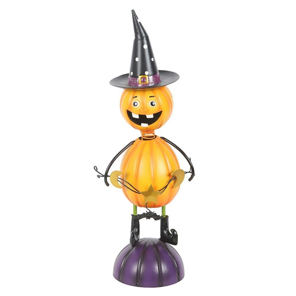 image 1 of Orange Metal Pumpkin Man Halloween Ornament with Witch Hat