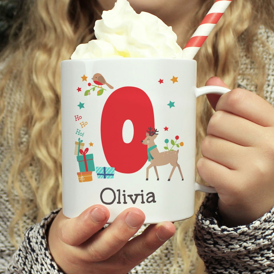 image 1 of Personalised Initial Reindeer Christmas Plastic Mug
