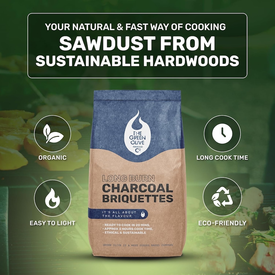 image 1 of Green Olive Firewood - 1 x 4kg Bag - Long Burn BBQ Charcoal Briquettes, Use for Charcoal Barbecues and Smokers. Natural, Quick Lighting and Long Burn Time | Black | 1