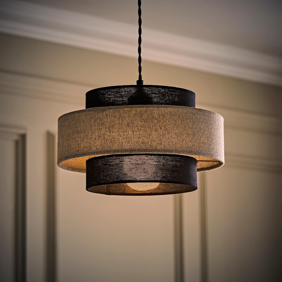 image 1 of ValueLights Weaver Pair Ceiling Pendant Light Shades Black and Grey Herringbone and Bulbs