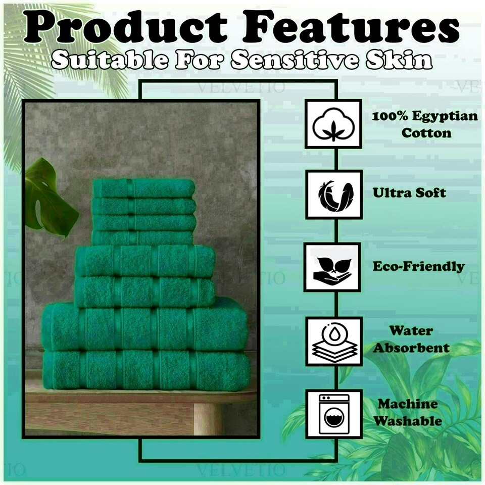 image 1 of VELVETIO 8 Piece Towel Bale Set Boston Shiny Stripe Pattern - 100% Cotton, 450 GSM Green | Teal
