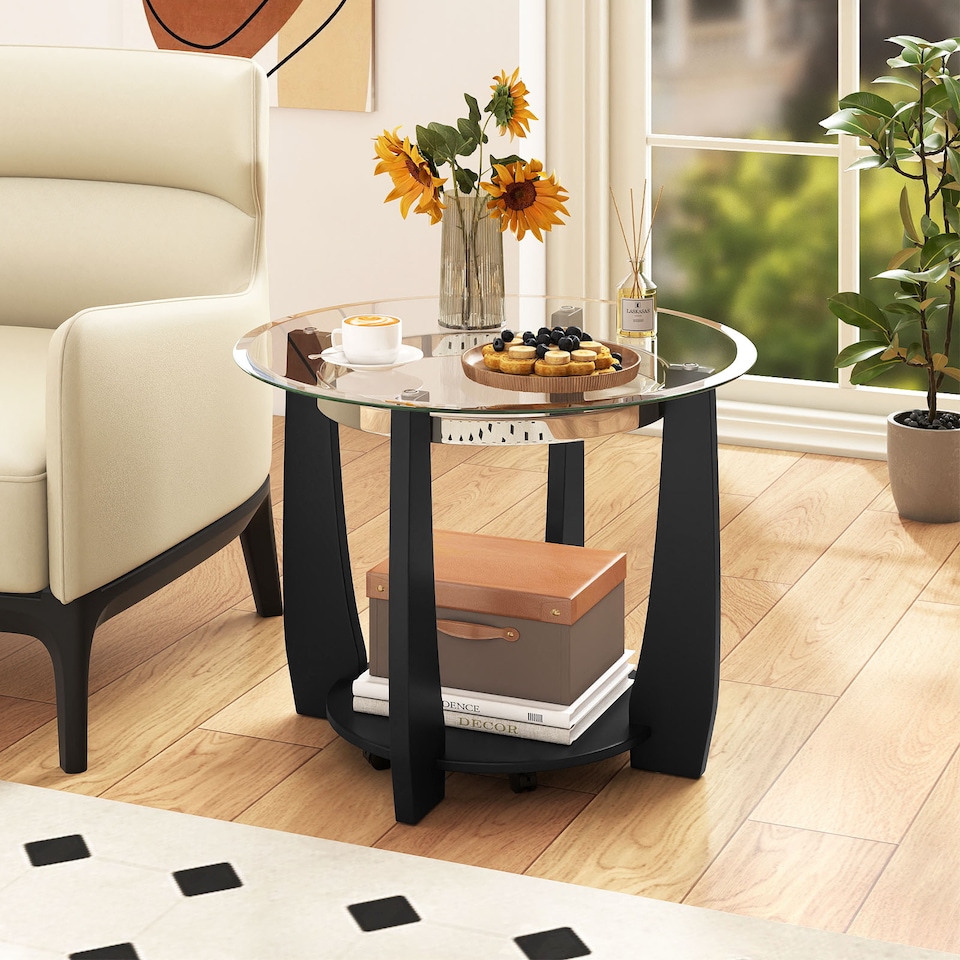 image 1 of COSTWAY Glass Coffee Table 81CM 2 Tier Round Center Table Storage Shelf Black