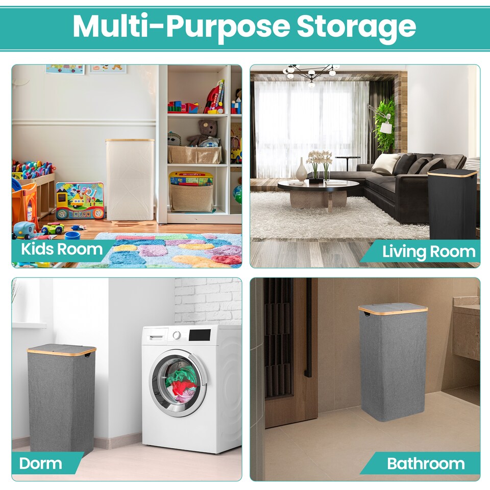 image 1 of 100L Foldable Laundry Hamper with Lid, Collapsible Clothes Basket