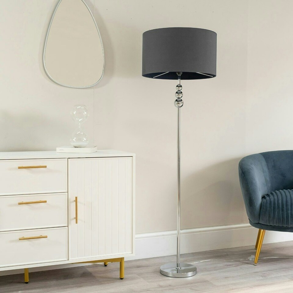 image 1 of ValueLights Marissa Charcoal Grey Fabric Drum Shade with Chrome Stacked Ball Floor Lamp with LED Bulb