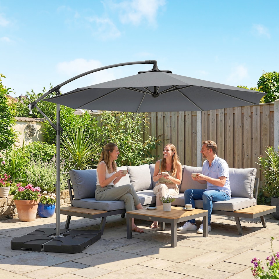 image 1 of Outsunny 3(m) Banana Parasol Cantilever Umbrella Garden w/ Base Weights | Grey | Dark Grey | 295 x 295 x 250 cm