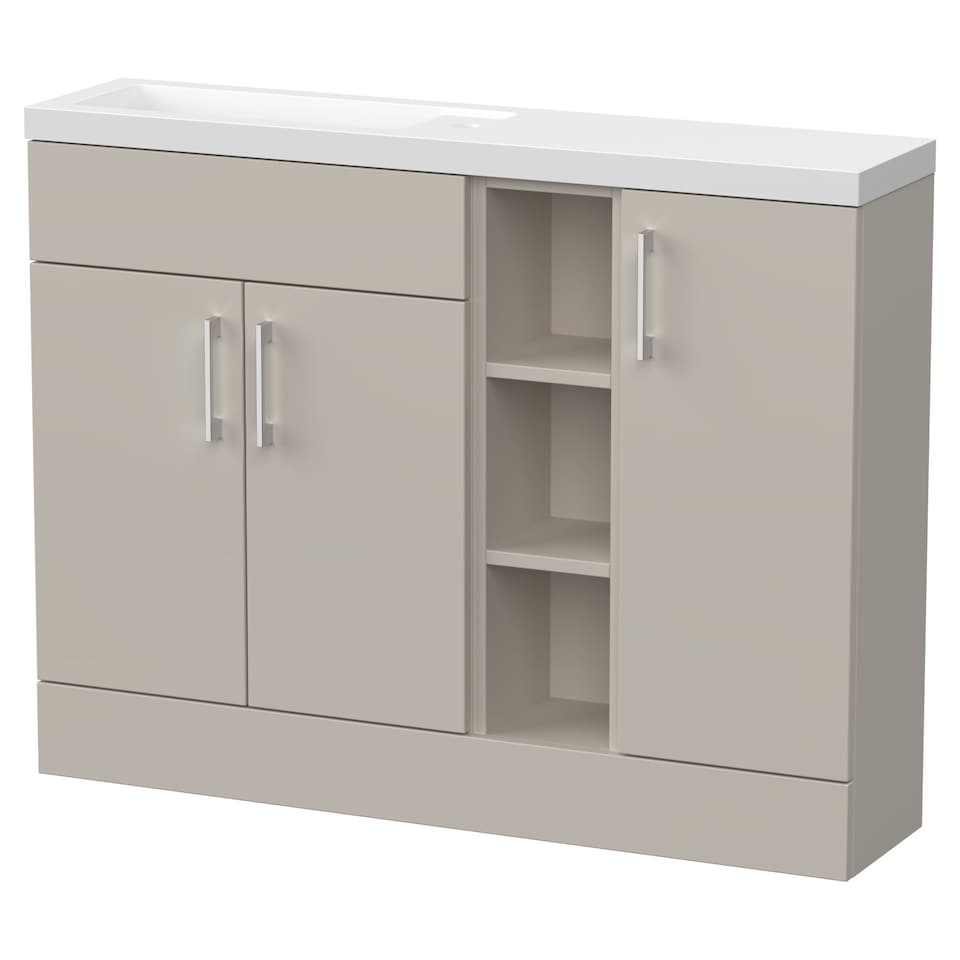image 1 of Balterley Wichnor Contemporary Floor Standing Compact 3 Door Combination Vanity Basin Unit with Open Shelves and Polymarble Basin, 1100mm, Pebble Grey