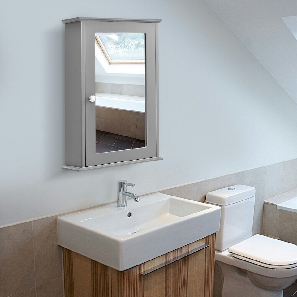image 1 of COSTWAY Bathroom Mirror Cabinet Wall Mounted Storage Grey Grey