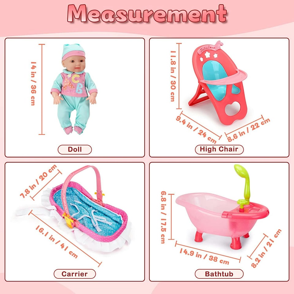 image 1 of 14" Baby Doll Play Set with 25 Pieces – Includes High Chair, Bath, Crib, Feeding Accessories and Portable Carrier