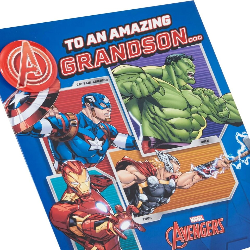 image 1 of Marvel The Avengers Hero Design Grandson Birthday Card with Badge