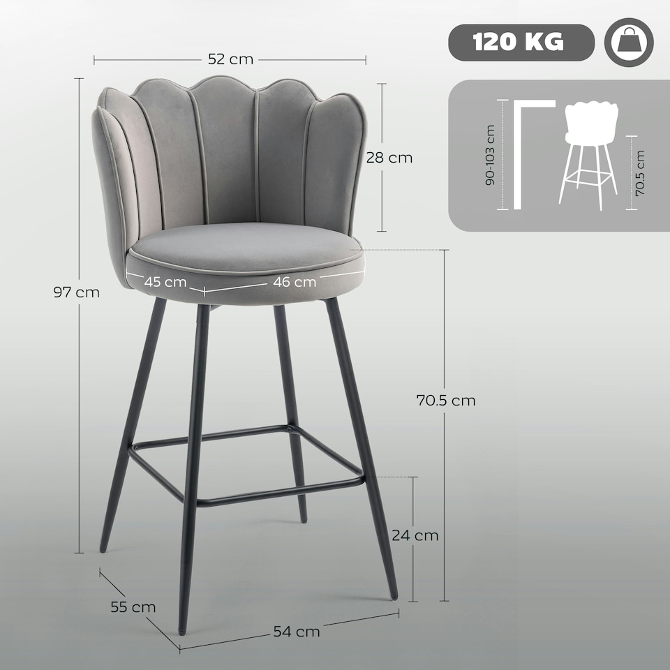 image 1 of HOMCOM Set of 2 Barstools with Petal Backrest for Kitchen Island Grey Grey