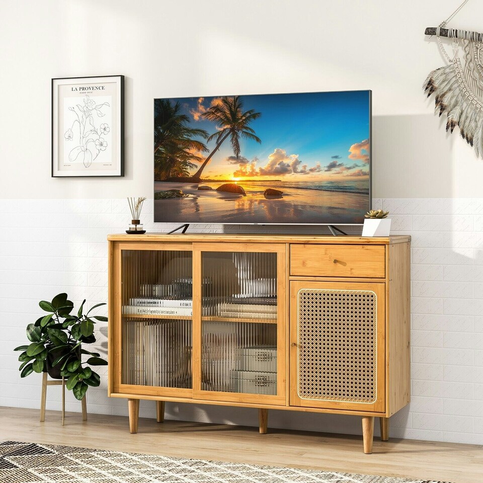 image 1 of COSTWAY Kitchen Buffet Sideboard Storage Cabinet Cupboard Brown