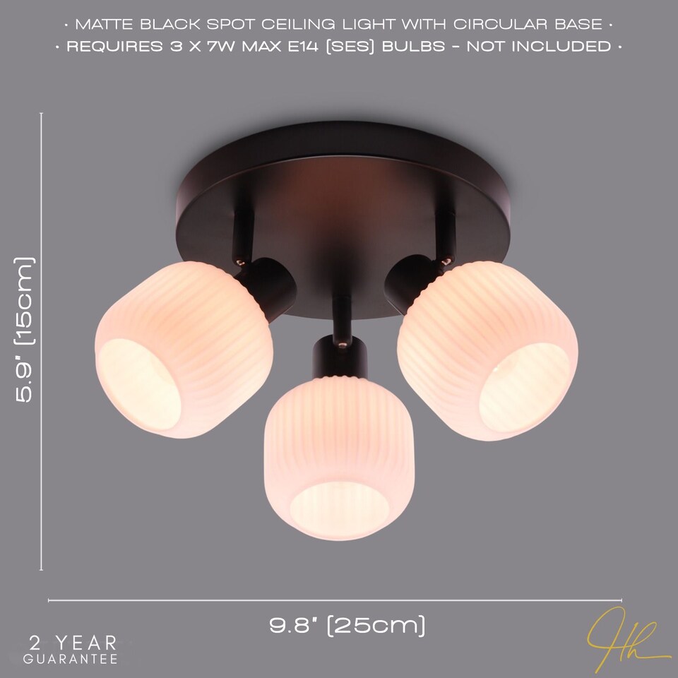 image 1 of Modern Designer Matte Black Spot Ceiling Light with White Ribbed Glass Shades
