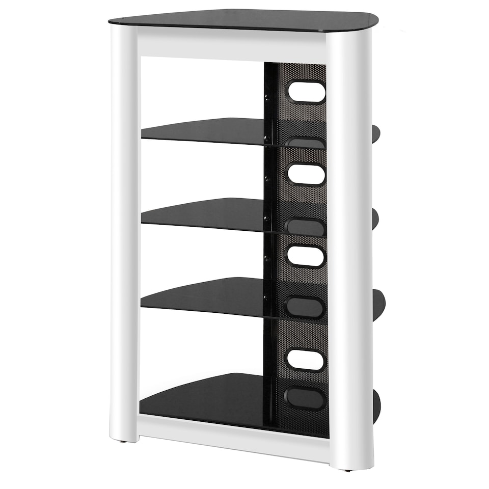 image 1 of Centurion Supports ZINNIA 5-Tier Black Glass Shelves with Gloss White Fascia Entertainment Media Audio Rack | White | Black | 1