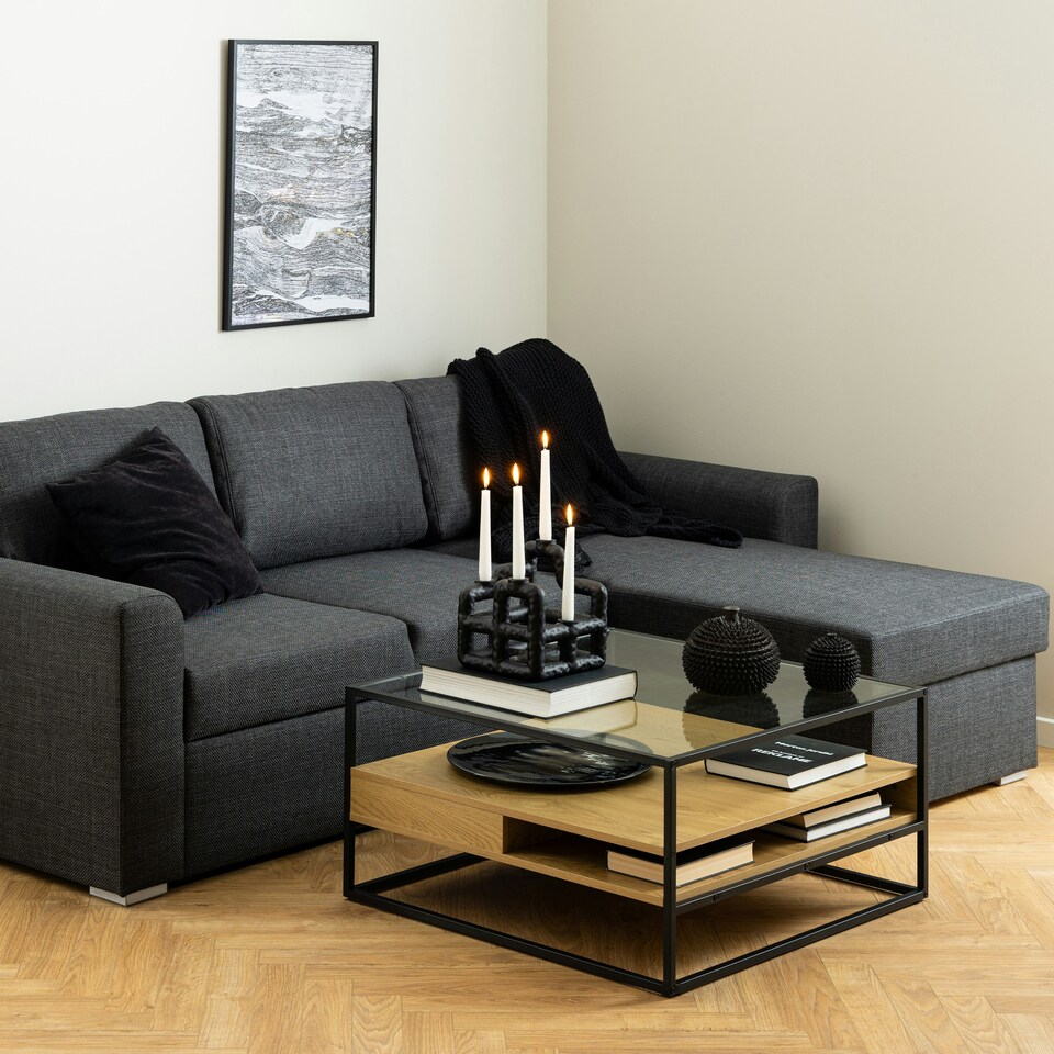 image 1 of Randolf Square Coffee Table with 2 Shelves in Black and Oak