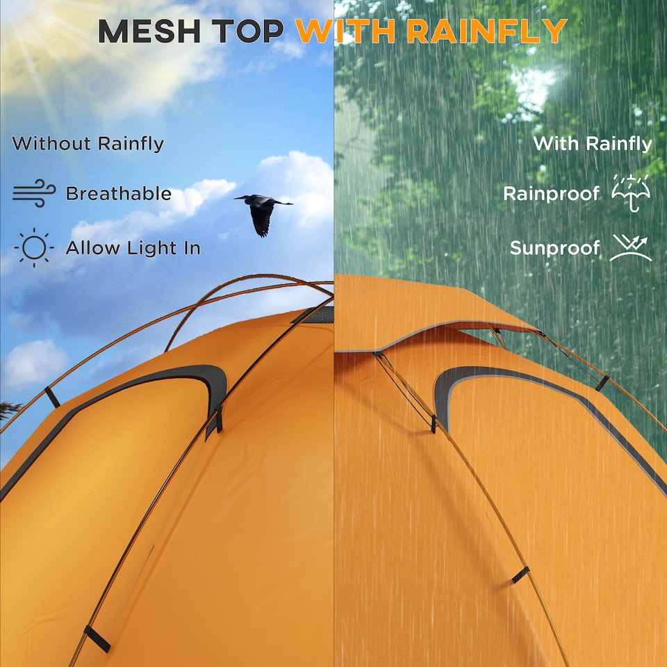 image 1 of Outsunny Camping Tent Dome Tent with Removable Rainfly for 1-2 Man, Orange