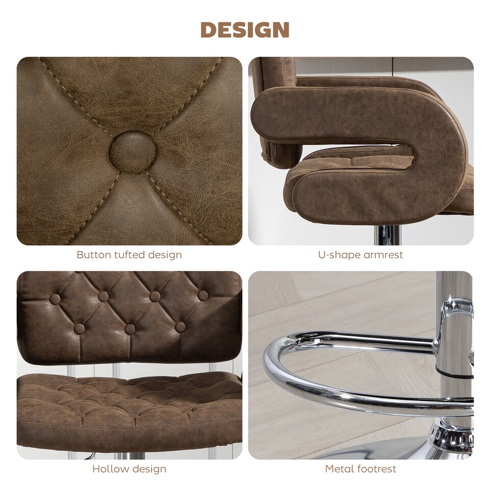 image 1 of HOMCOM Swivel Bar Stool with Extra Large Seat, PU Leather Upholstered Adjustable Barstool with Back, Arm and Footrest, Breakfast Bar Chair for Bistro, Kitchen, Coffee | Brown | Coffee