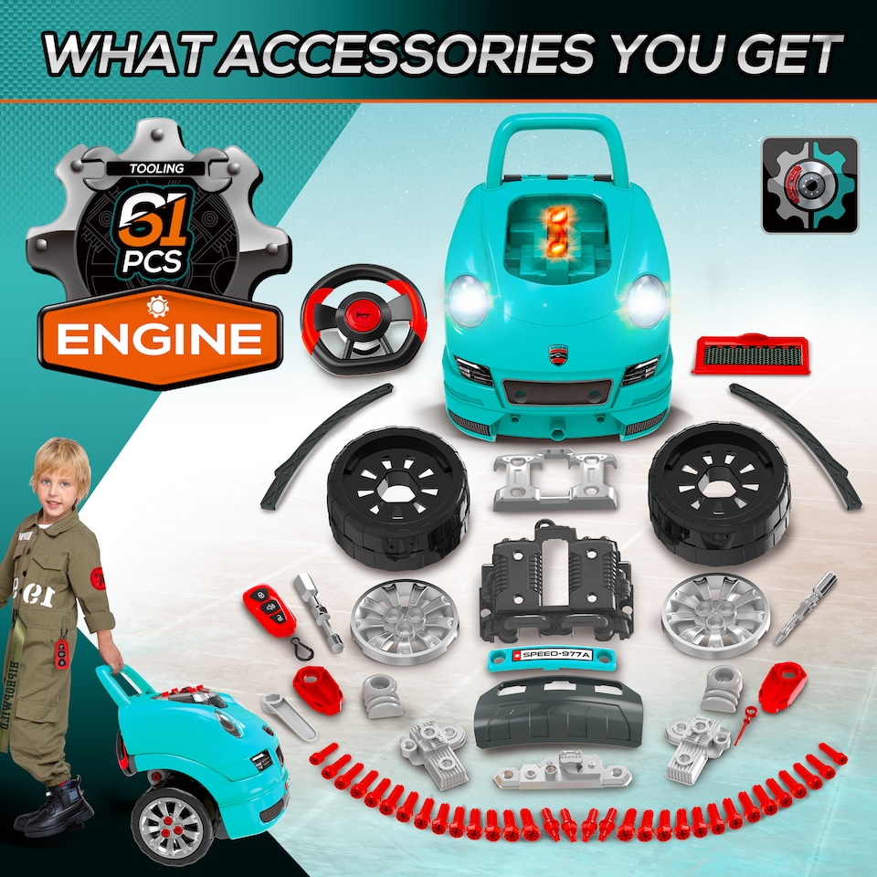 image 1 of HOMCOM Kids Truck Engine Toy Set Toddler Educational Car Service Station with RC Car Key Steering Wheel Horn Light, Mechanic Gifts for Ages 3-5 Years - Teal