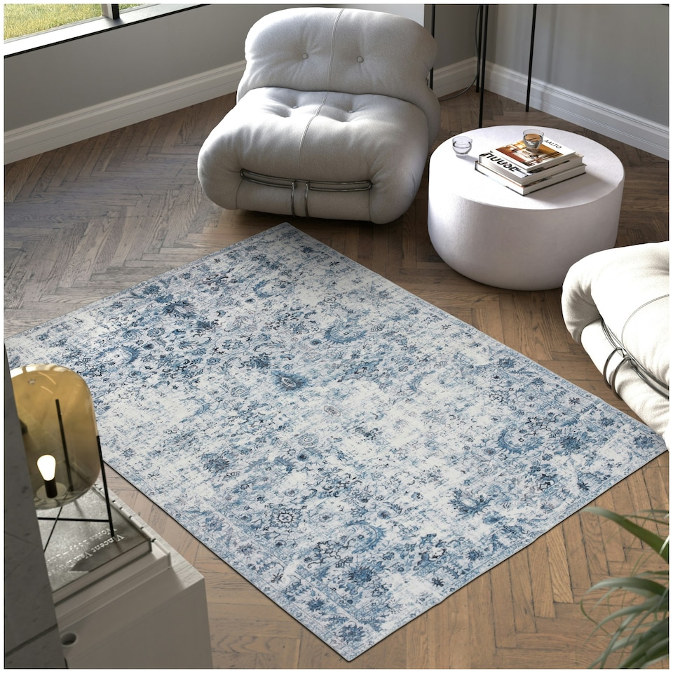 image 1 of Vintage Rug Amara - faded design, machine washable, short pile & non-slip underside Blue | 230 x 160 cm