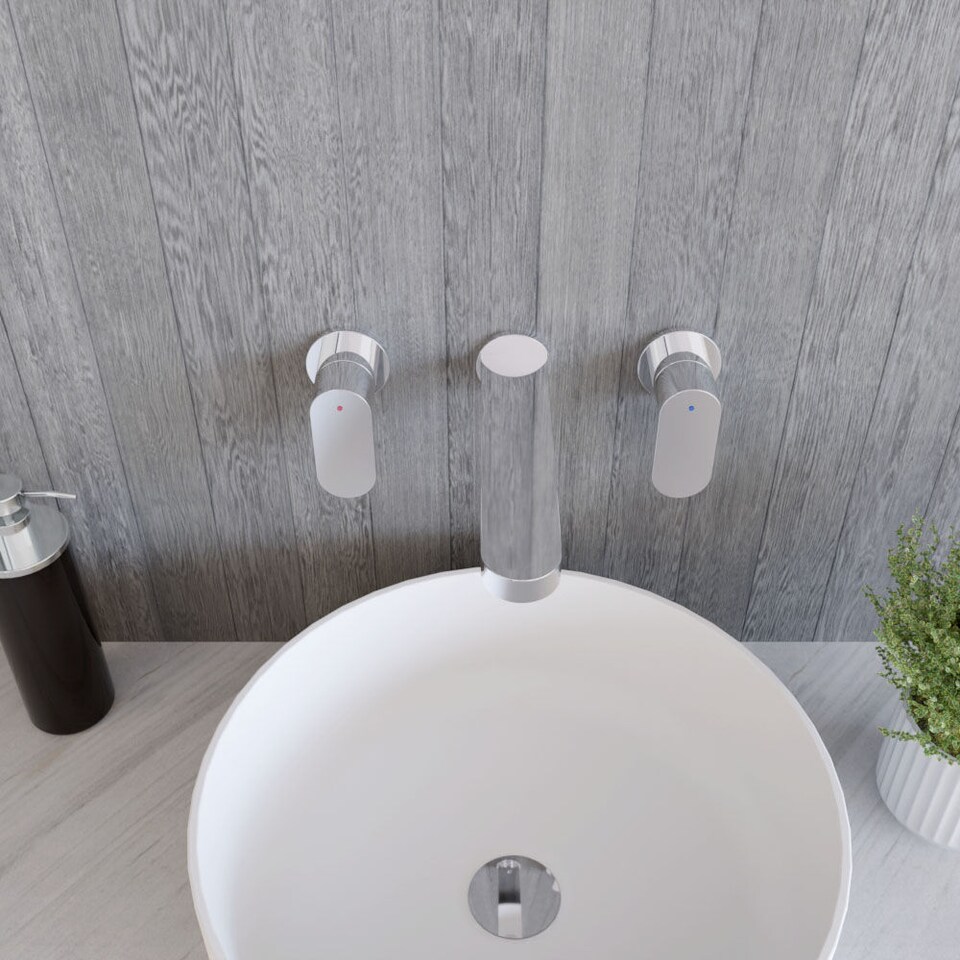 image 1 of Current Round Wall Mount 3 Tap Hole Basin Mixer Tap, Back Plate Chrome