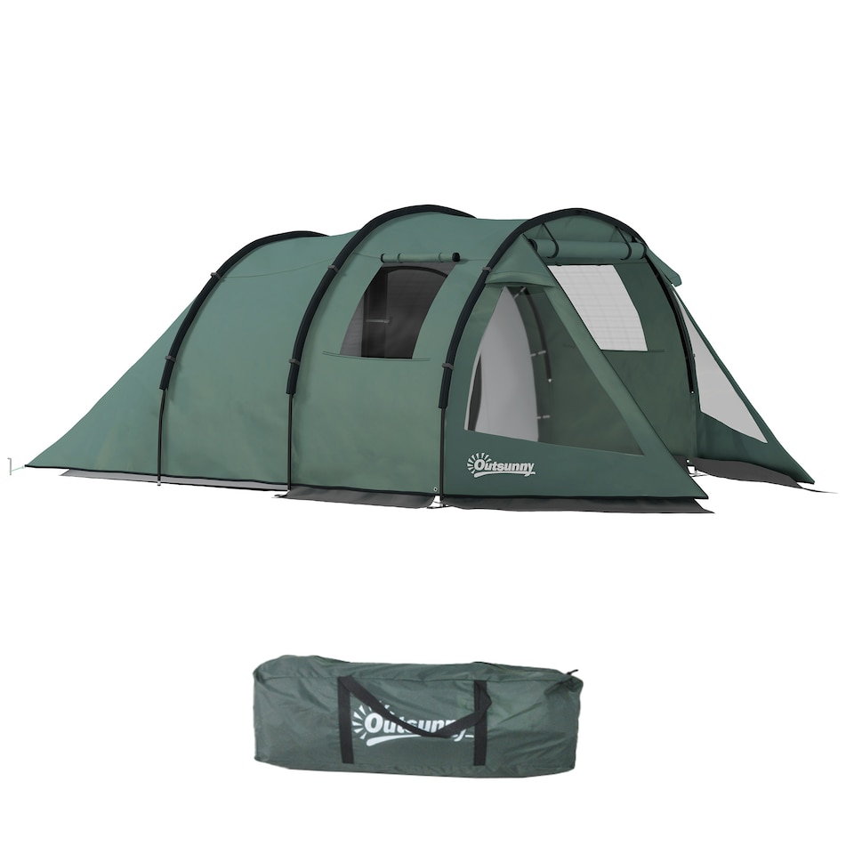 image 1 of Outsunny 3-4 Persons Tunnel Tent, Two Room Camping Tent with Windows, Black