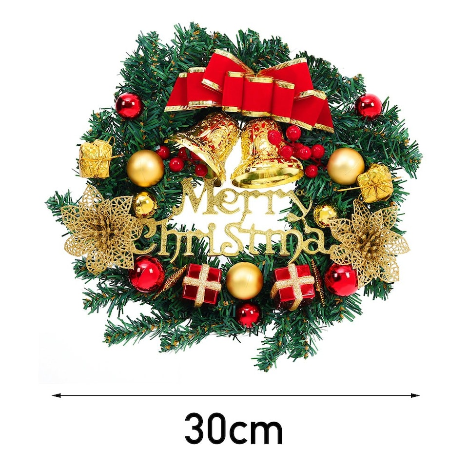 image 1 of Living and Home Christmas Artificial Wreath with Bells Bow Knots- 30cm