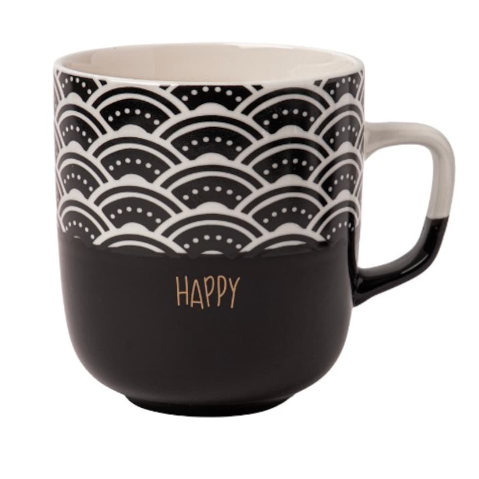 image 1 of Monochrome Black & White Mugs 370ml | Black | Happy | 370ml | 1