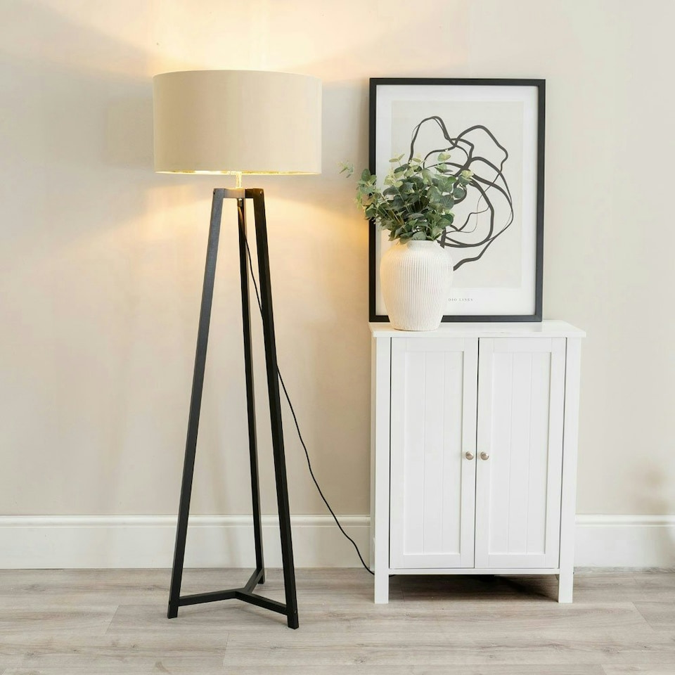 image 1 of ValueLights Lottie Black Wood Tripod Floor Lamp with Beige and Gold Drum Shade