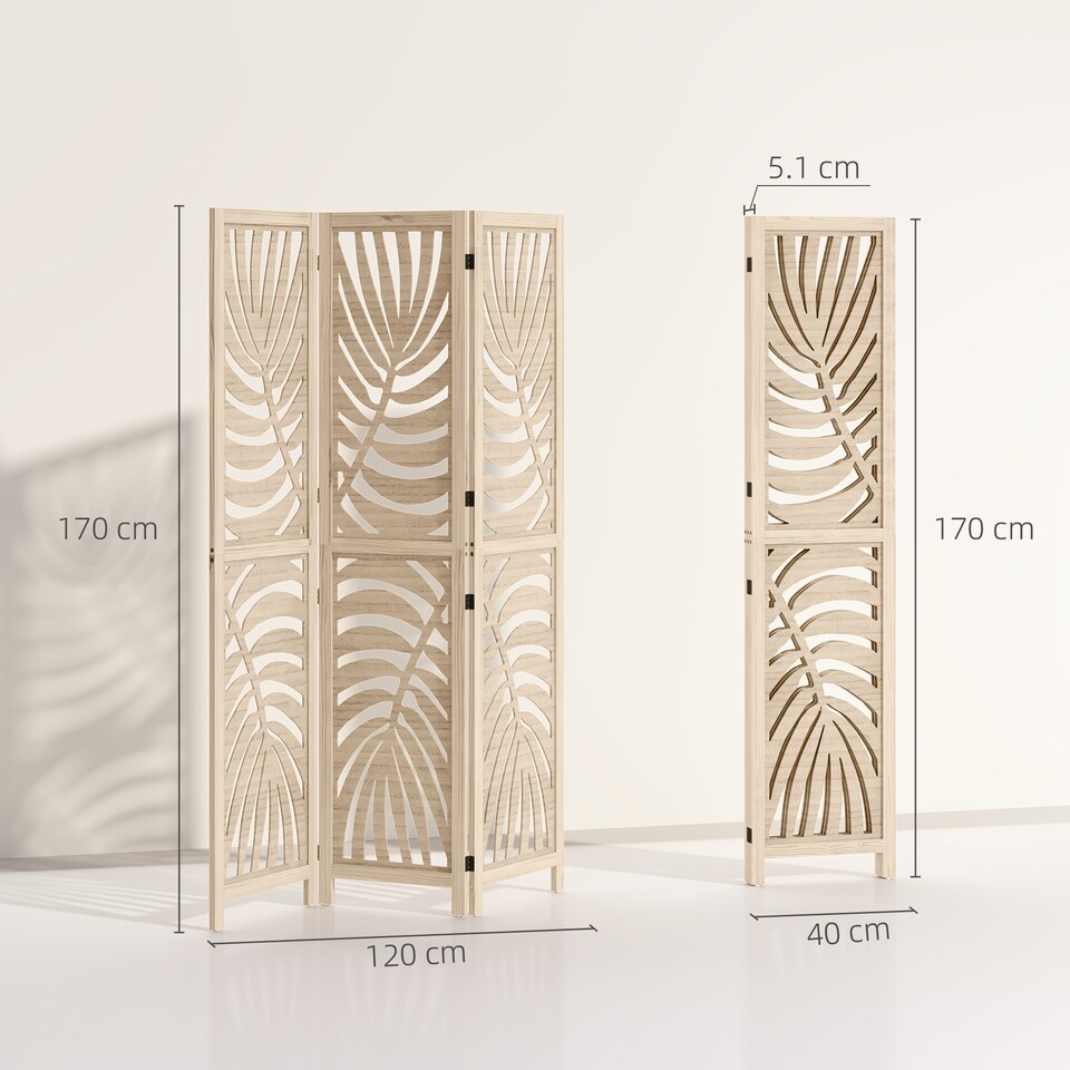 image 1 of HOMCOM 3 Panel Privacy Screens with Palm Leaf Design, Natural Wood Finish