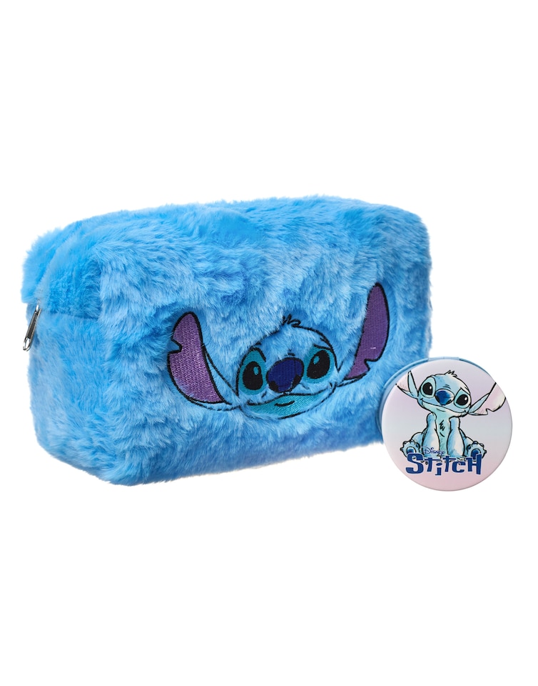 image 1 of Disney Lilo & Stitch Makeup Bag & Mirror | Ladies Blue Fur Cosmetic Pouch with Stitch Character Face | Travel Beauty Case & Pocket Mirror for Adults & Teens | Ohana Cartoon Movie Merchandise Gift | Blue | Blue