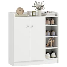 HOMCOM Shoe Storage Cabinet Two Doors w  Adjustable 4 Shelves Cupboard Footwear Rack Stand Organiser Hallway White