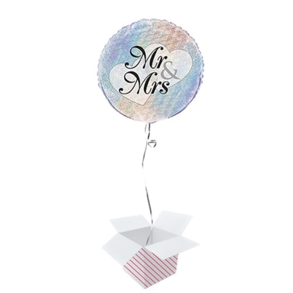 Mr And Mrs Holographic Wedding Round Foil Helium Balloon - Inflated Balloon in a Box