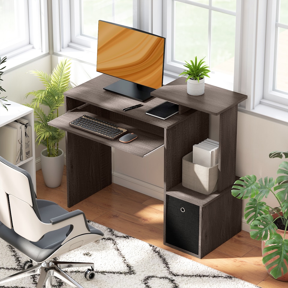 image 1 of HOMCOM Computer Desk with Sliding Keyboard Tray Storage Drawer Shelf Home Office Workstation Grey