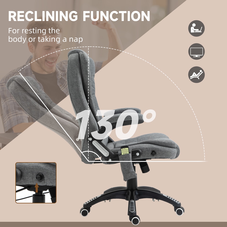 image 1 of Vinsetto Office Chair, Ergonomic Desk Chair with 6-Point Massage and Back Heated, Linen-Feel Fabric Computer Gaming Chair with Arms, Lumbar Support, Grey