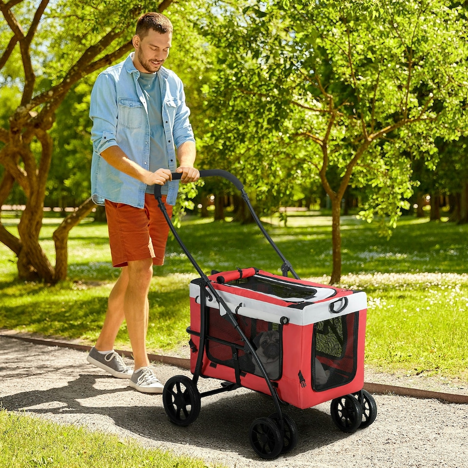image 1 of PawHut Foldable Pet Stroller w/ Detachable Carrier, Soft Padding - Red