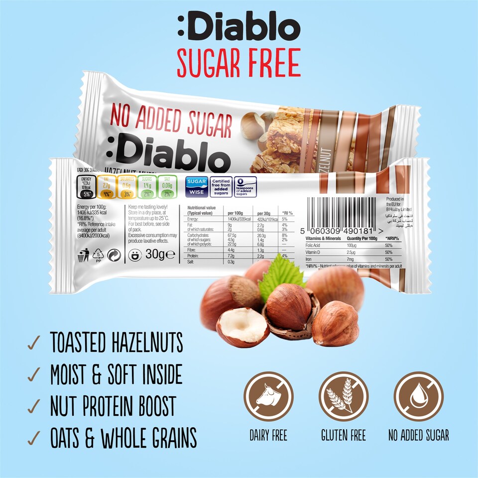 image 1 of Diablo No Added Sugar Hazelnut Muesli Bar 30g 4 Pack