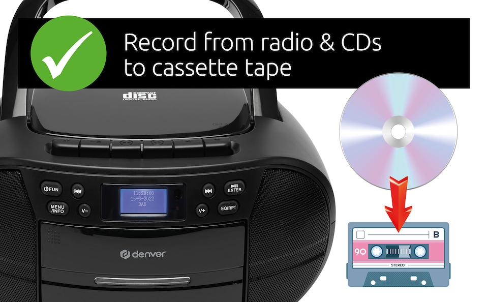 image 1 of Denver Portable Radio CD Tape Cassette Player With DAB Radio – Mains or Battery Power - TDC-280 | Black