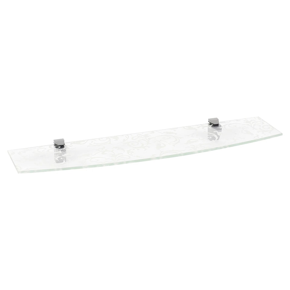 image 1 of Large Bowed Floating Glass Wall Shelves Damask Floral Design with Clip Supports | White | White Design