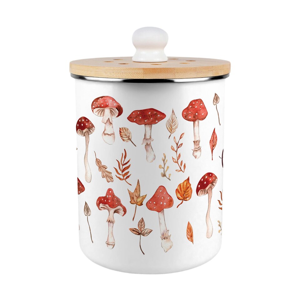 image 1 of Watercolour Mushrooms Compost Caddy - Metal 2L Decorative Kitchen Food Waste Bin