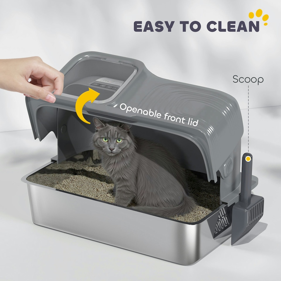 image 1 of PawHut 65L XL Stainless Steel Litter Tray with Plasma Deodoriser System Grey | One Size